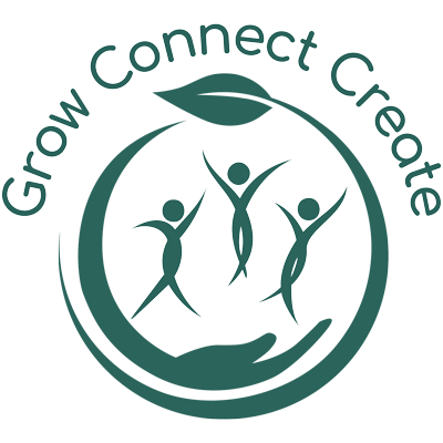 Logo with three abstract human figures inside a circular shape, surrounded by the text "Grow Connect Create" in a flowing design, inspired by the vibrant energy of NYC therapy communities.