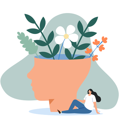 An illustration of a large head silhouette with plants and flowers growing from it, symbolizing growth or mindfulness, evokes the therapeutic ambiance of a serene NYC oasis. A woman with long black hair sits at the base, relaxed.