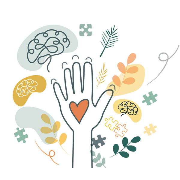 Illustration of an open hand with a heart, surrounded by abstract leaves, brain doodles, puzzle pieces, and swirls. The design evokes a therapy-inspired harmony with earth tones like green, yellow, and orange, capturing the vibrant spirit of NYC's natural essence.