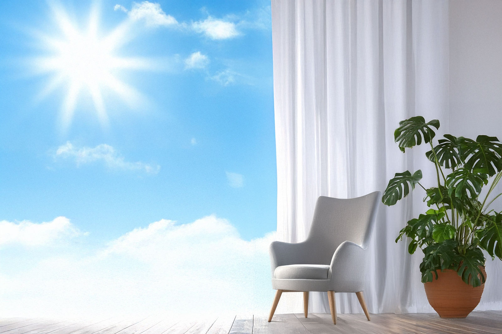 A bright, sunlit room in NYC with sheer white curtains, a gray armchair perfect for therapy sessions, and a potted green plant on a wooden floor. Blue sky and sun pour through the window, creating a serene atmosphere.