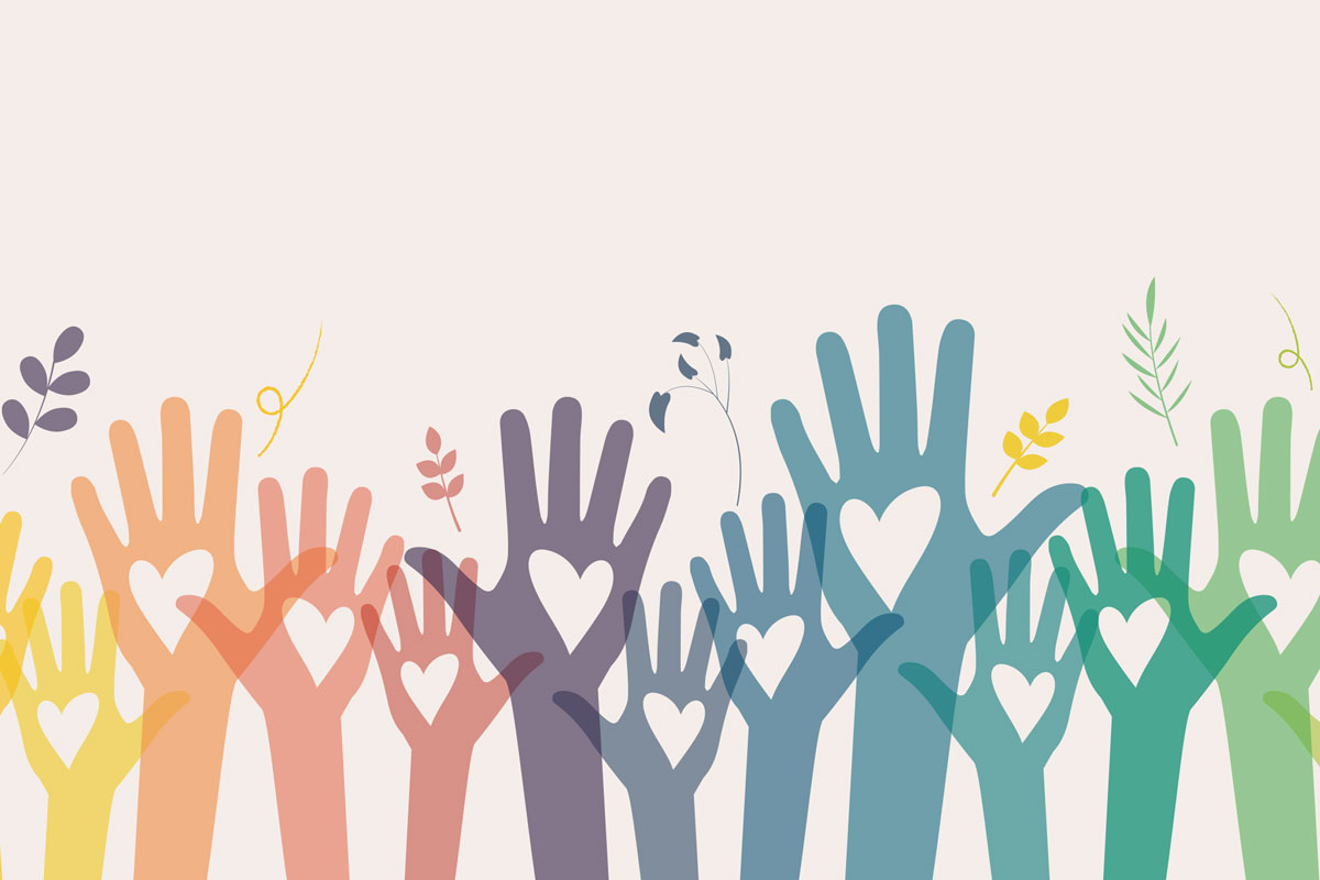Illustration of raised hands in various colors, each with a heart shape cutout, reflecting the spirit of unity and diversity. Leaves and decorative elements are interspersed, much like the vibrant communities in NYC. The background is a light neutral tone, evoking calmness similar to therapy sessions.
