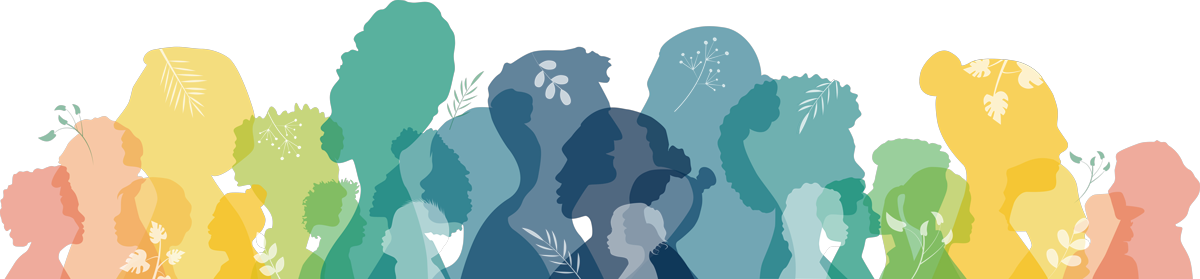 Silhouettes of diverse people in vibrant colors, decorated with leaf patterns, evoke the dynamic energy of NYC. The layered and overlapping figures create a rich mosaic of shapes and hues, reminiscent of a city's rhythm and flow.