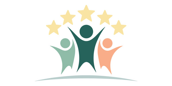 Illustration of three abstract human figures in green, teal, and orange with outstretched arms, capturing the essence of therapy and connection. Five yellow stars arc above them, symbolizing achievement or success against a crisp white backdrop—mirroring the vibrant energy of NYC.