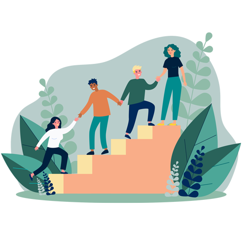 Four people helping each other up a staircase in a supportive manner, set against a backdrop of large green leaves, mirrors the essence of cooperative therapy. This image beautifully symbolizes teamwork and mutual assistance, akin to navigating NYC's dynamic landscape together.