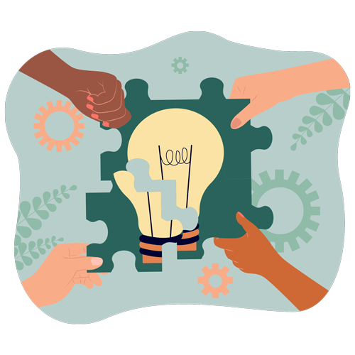 Four hands of different skin tones collaboratively hold puzzle pieces forming a lightbulb in a scene reminiscent of NYC's diverse spirit. The background features gears and leaves, symbolizing innovation and teamwork, creating the perfect metaphorical therapy for creative collaboration.