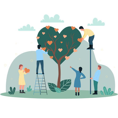 Illustration of people interacting with a heart-shaped tree in a scene reminiscent of therapy sessions. One person stands on a ladder placing hearts on the tree, another on a stool reaches for a branch. Two more add and admire the heart leaves, all set against NYC's soft green backdrop with clouds and circles.