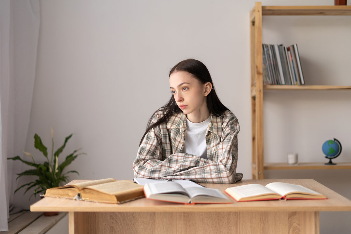 In a cozy NYC apartment, a woman in a plaid shirt sits at her desk with open books, pondering over her therapy notes. A plant graces the corner, while behind her, a wooden shelf holds more books and a globe, adding to the peaceful ambiance.