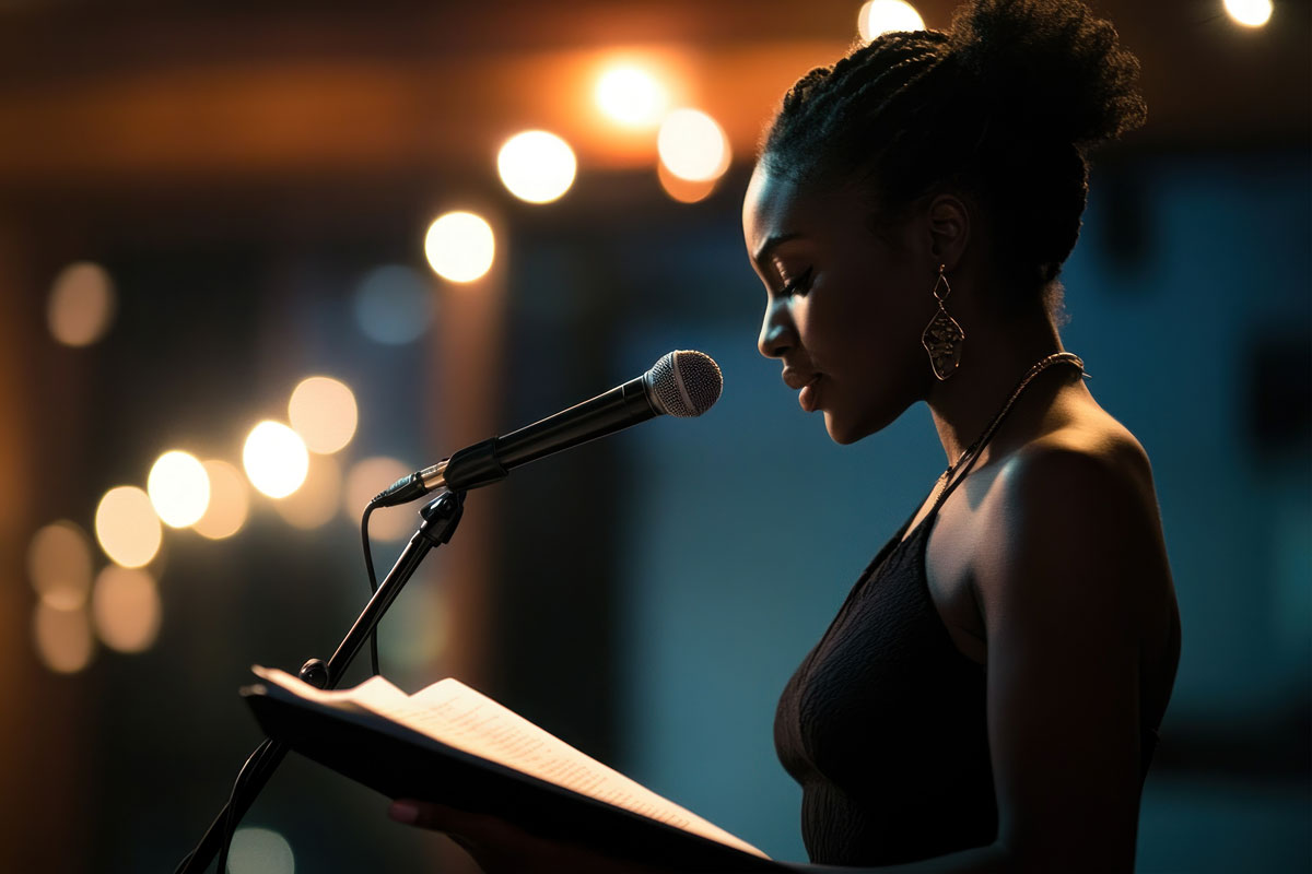 A woman stands on stage in NYC, illuminated by soft lighting, reading from an open book into a microphone. She wears a sleeveless black dress and earrings. The background is blurred, with glowing lights creating a warm, therapeutic ambiance.