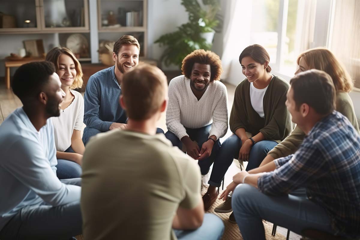 A diverse group of people sits in a circle, smiling and engaging in conversation in a cozy NYC room with natural light. They appear relaxed and attentive, as if in a therapy session, with shelves and plants adorning the background.