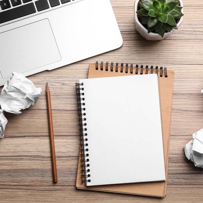 A wooden desk in NYC hosts a laptop's corner, a blank spiral notebook atop a brown one, a pencil, and a small potted succulent. Crumpled paper balls are scattered around, creating a therapeutic workspace atmosphere.