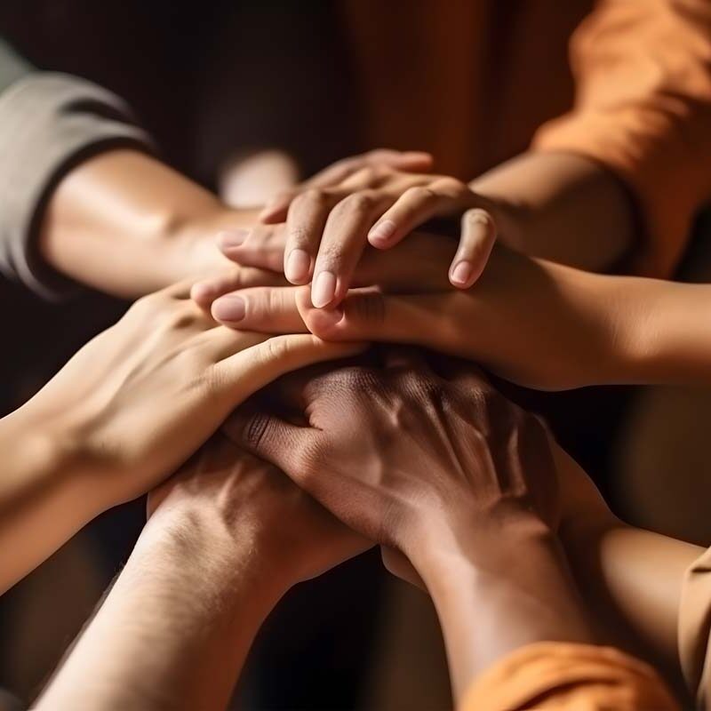 A close-up of diverse hands stacked together, symbolizing unity and teamwork in an NYC setting. Various skin tones and sleeve colors, like green, peach, and orange, highlight inclusivity and collaboration, akin to group therapy sessions fostering connection.