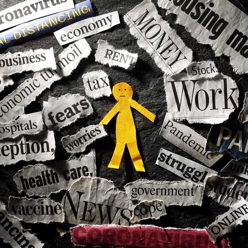 A collage of newspaper clippings surrounds a yellow paper figure. Words include "coronavirus," "social distancing," "therapy," "money," and "struggle," capturing the stress and crisis faced in NYC as individuals navigate work, economy, and ongoing challenges.
